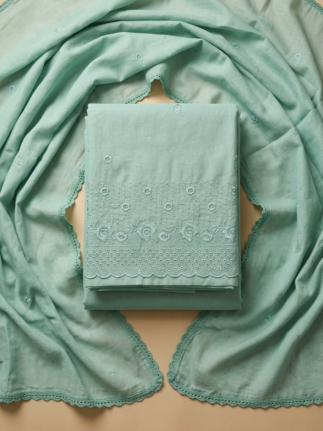 Rama Green Embroidered Cotton Blend Unstitched Suit &amp; Pant With Cotton Dupatta