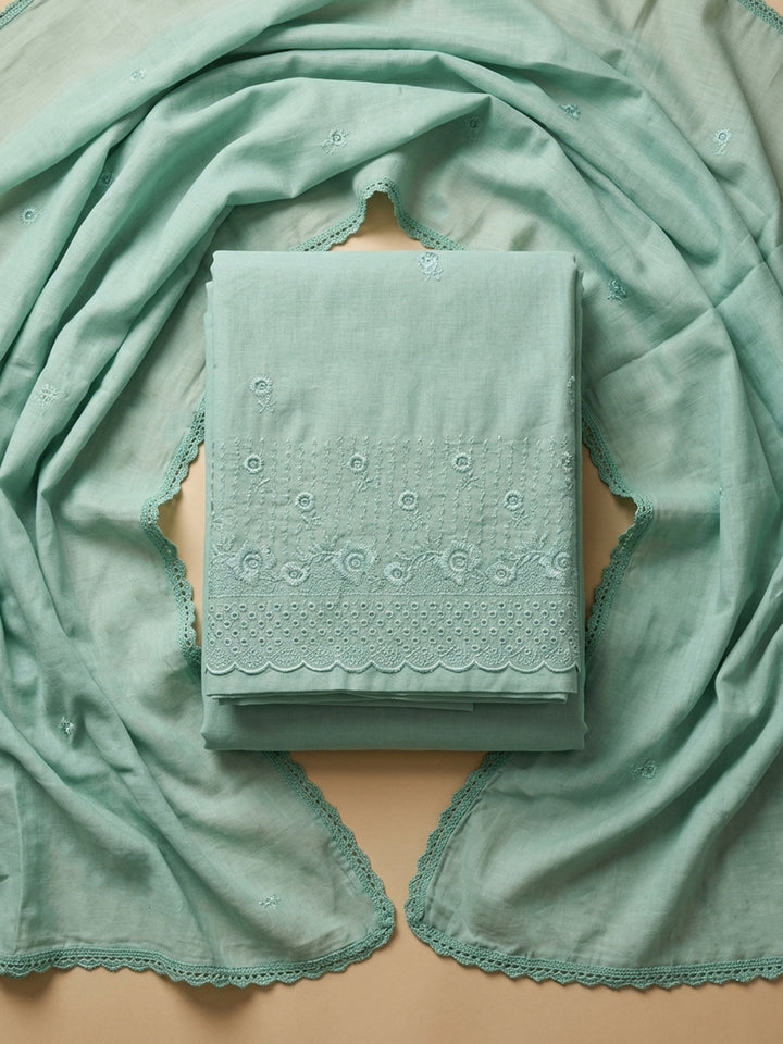 Rama Green Embroidered Cotton Blend Unstitched Suit &amp; Pant With Cotton Dupatta