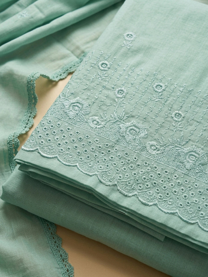 Rama Green Embroidered Cotton Blend Unstitched Suit &amp; Pant With Cotton Dupatta
