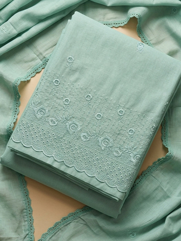 Rama Green Embroidered Cotton Blend Unstitched Suit &amp; Pant With Cotton Dupatta