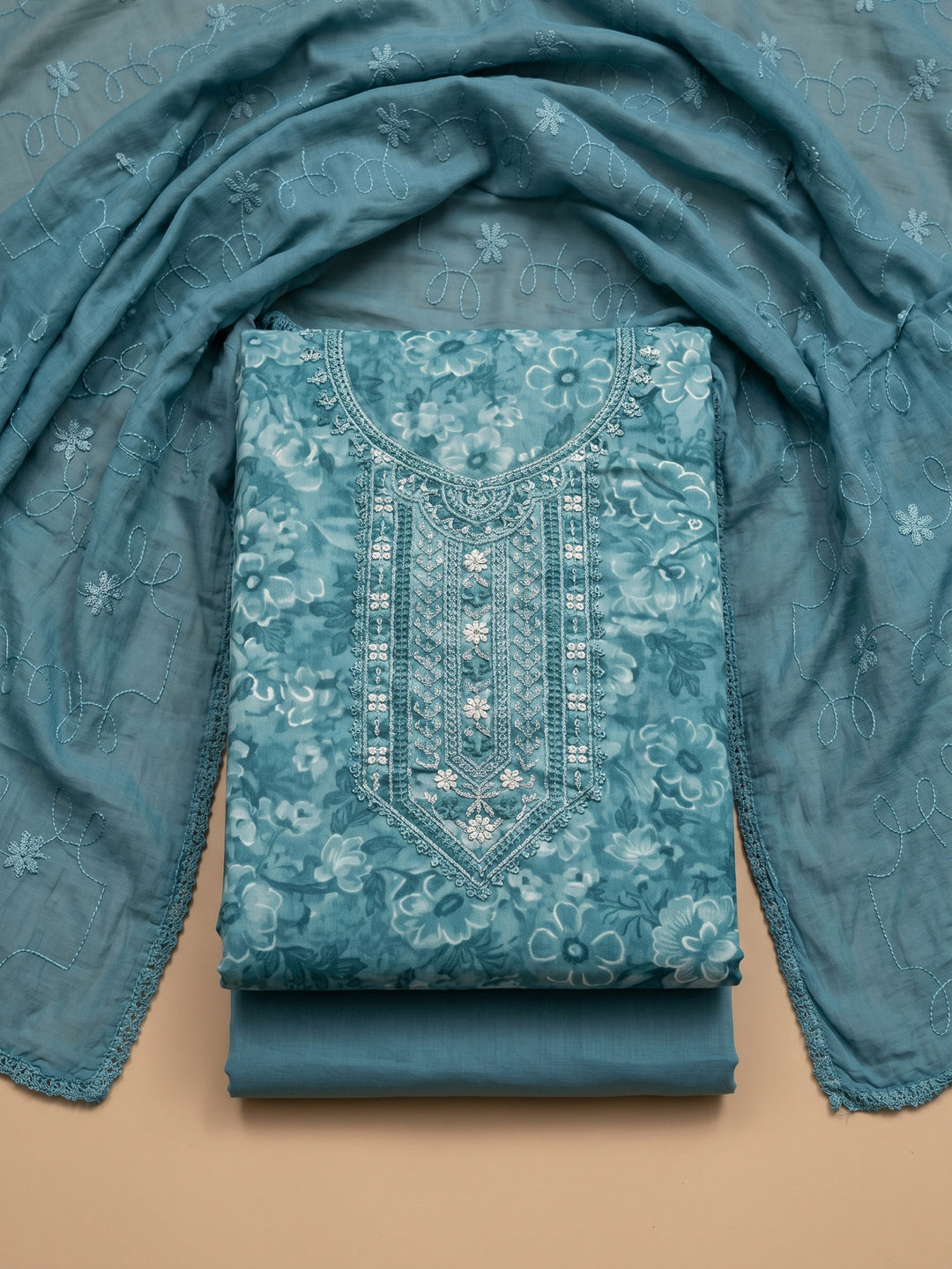 Blue Printed Cotton Blend Unstitched Suit With Pant &amp; Dupatta
