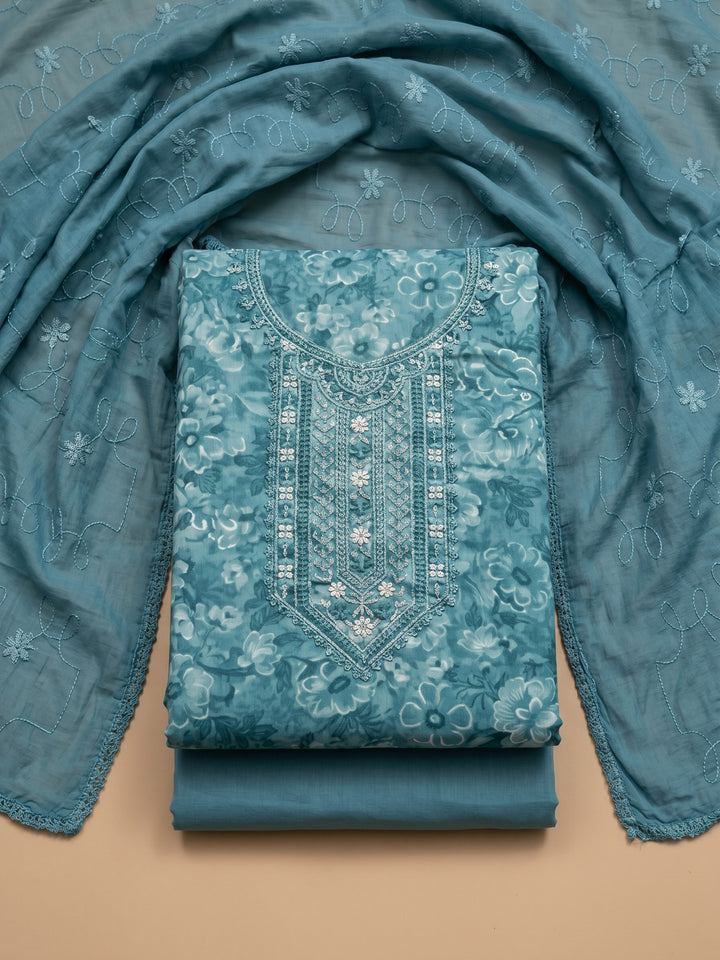 Blue Printed Cotton Blend Unstitched Suit With Pant &amp; Dupatta