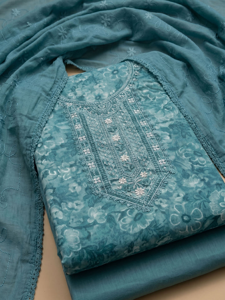 Blue Printed Cotton Blend Unstitched Suit With Pant &amp; Dupatta