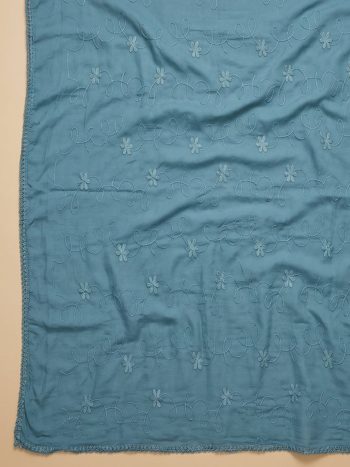 Blue Printed Cotton Blend Unstitched Suit With Pant &amp; Dupatta