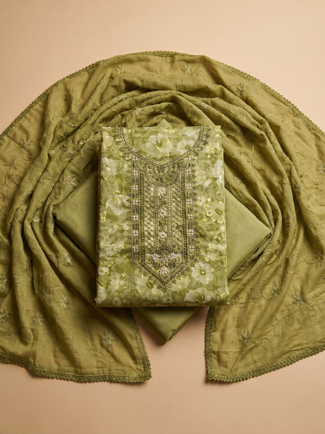 Mehndi Printed Cotton Blend Unstitched Suit With Pant &amp; Dupatta