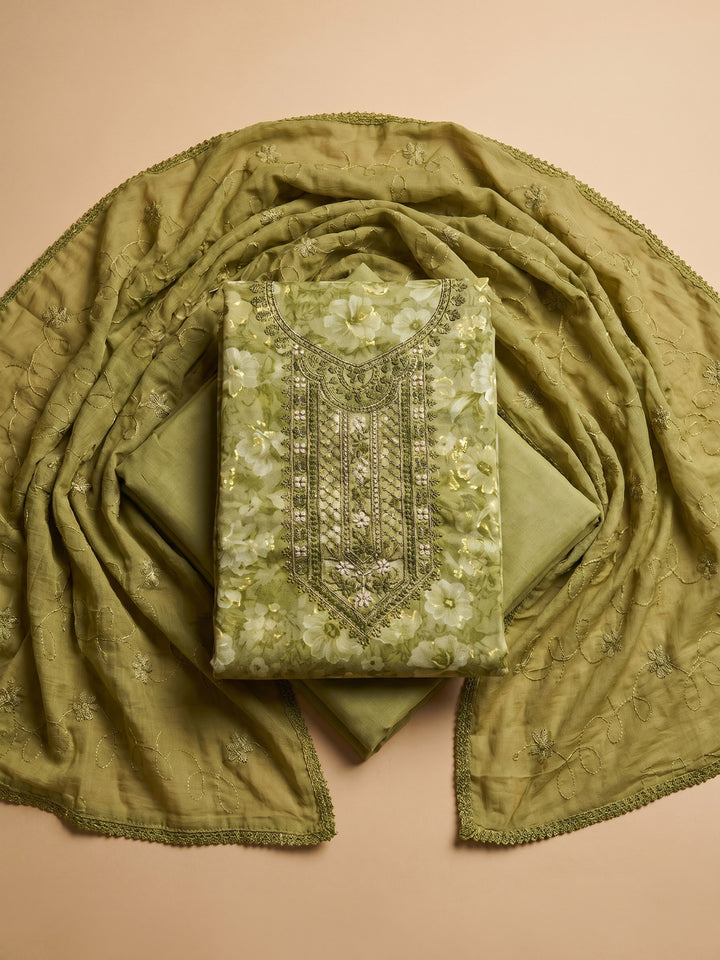 Mehndi Printed Cotton Blend Unstitched Suit With Pant &amp; Dupatta