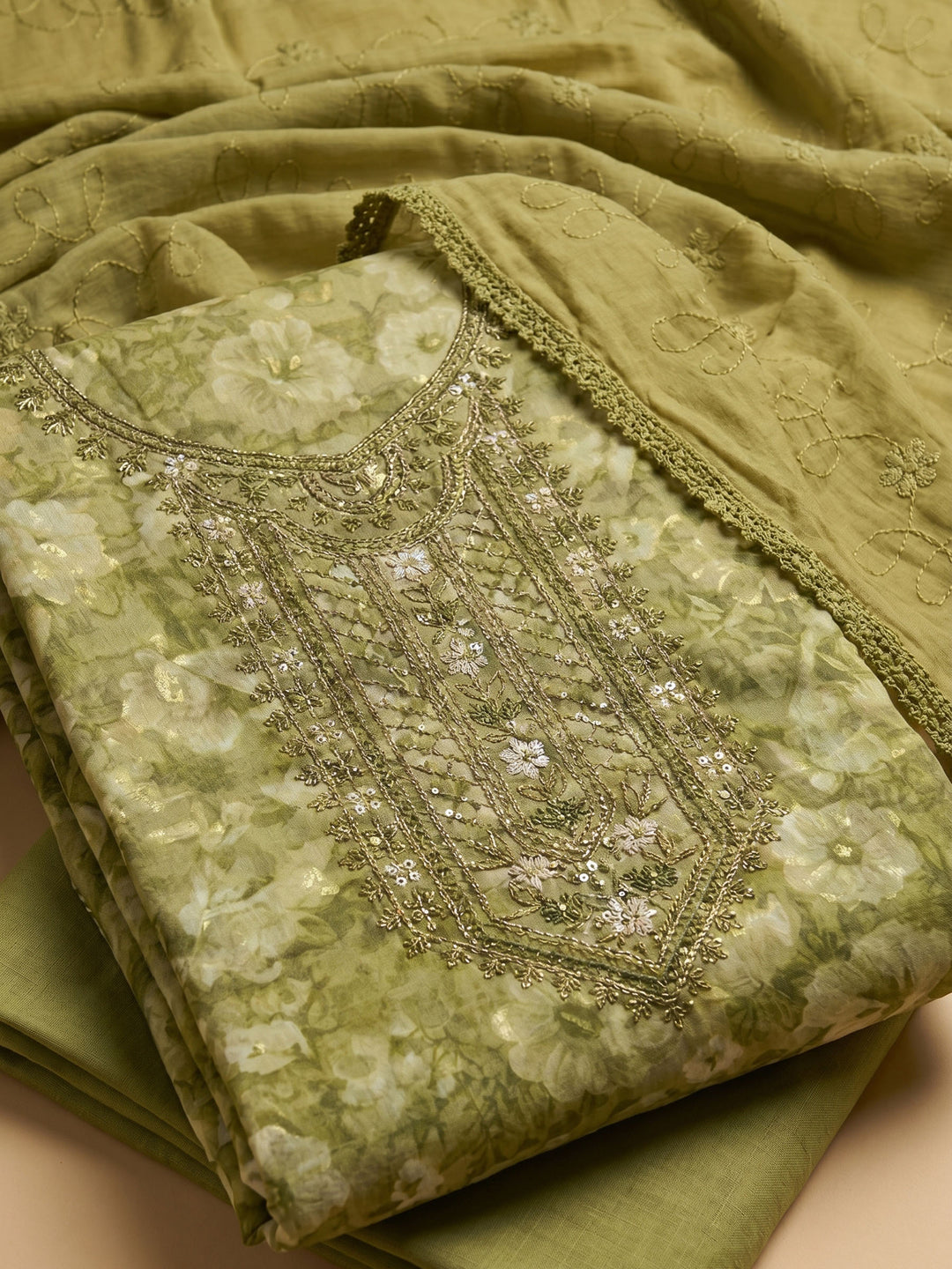 Mehndi Printed Cotton Blend Unstitched Suit With Pant &amp; Dupatta