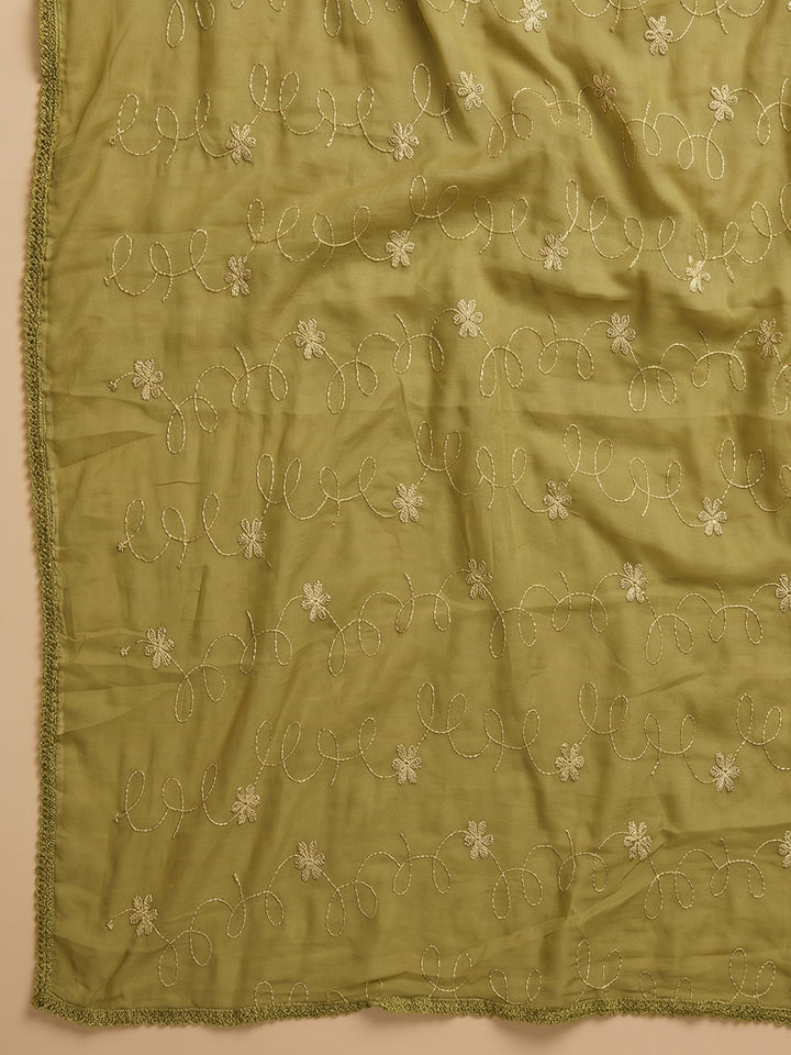 Mehndi Printed Cotton Blend Unstitched Suit With Pant &amp; Dupatta