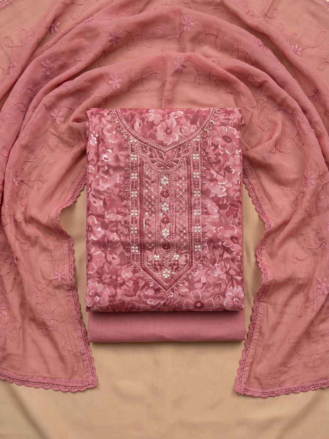 Pink Printed Cotton Blend Unstitched Suit With Pant &amp; Dupatta