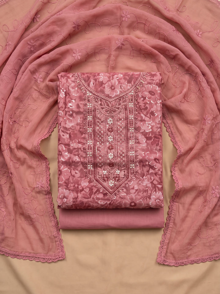 Pink Printed Cotton Blend Unstitched Suit With Pant &amp; Dupatta