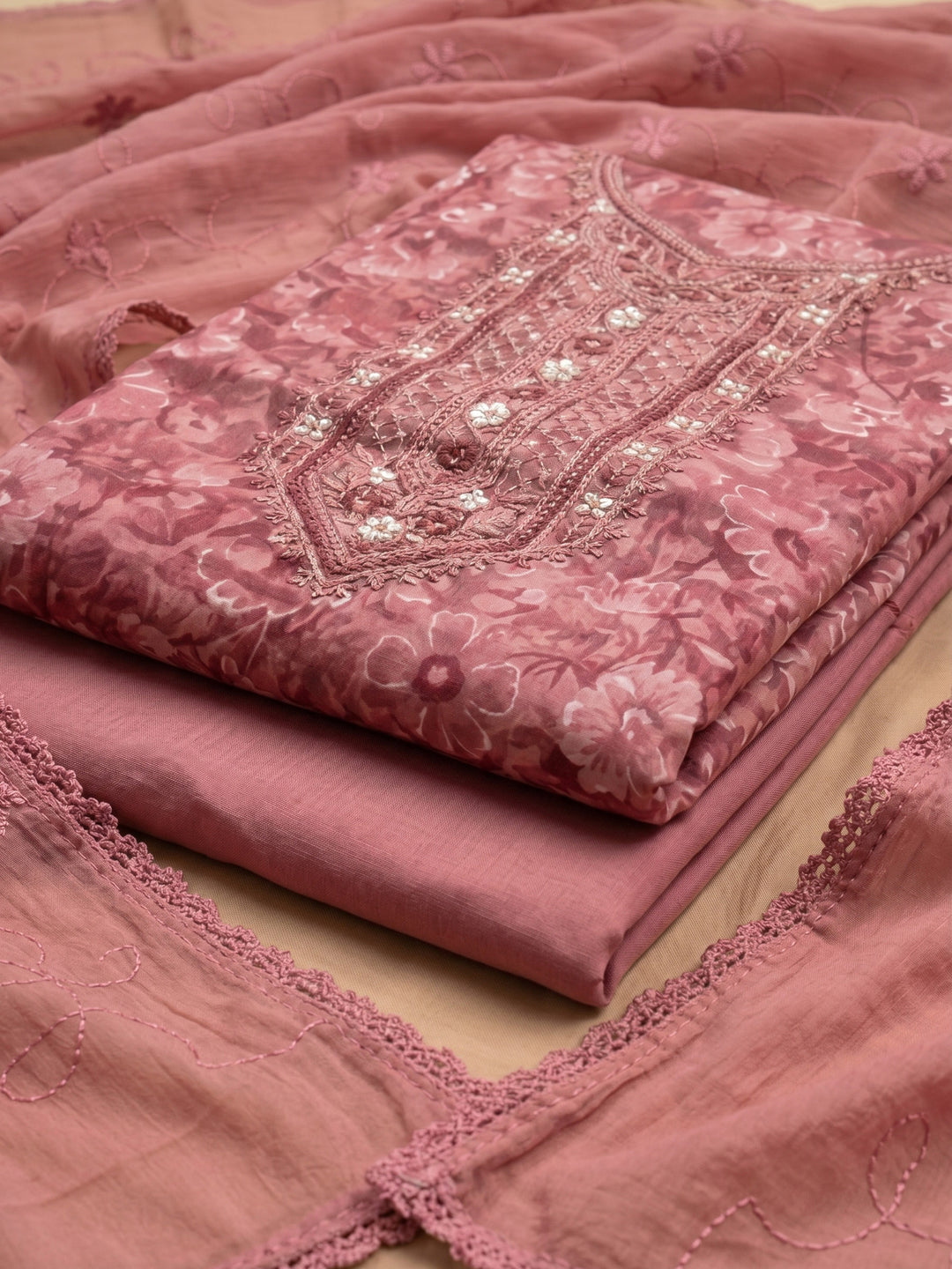 Pink Printed Cotton Blend Unstitched Suit With Pant &amp; Dupatta