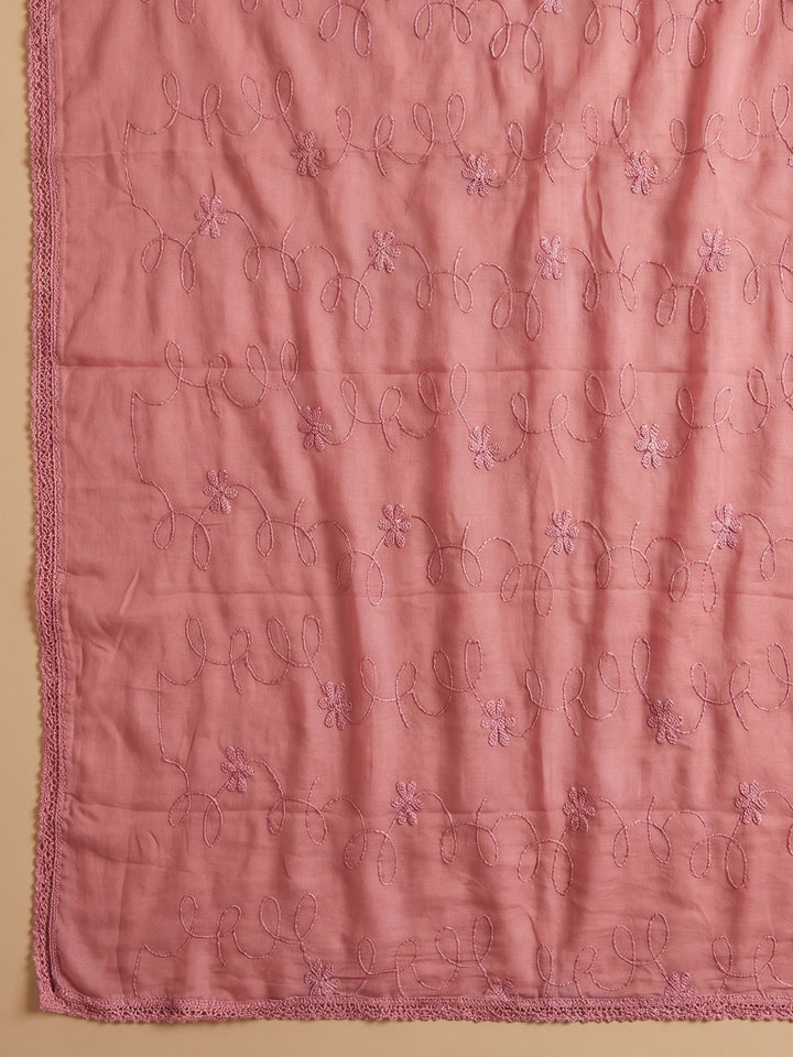 Pink Printed Cotton Blend Unstitched Suit With Pant &amp; Dupatta
