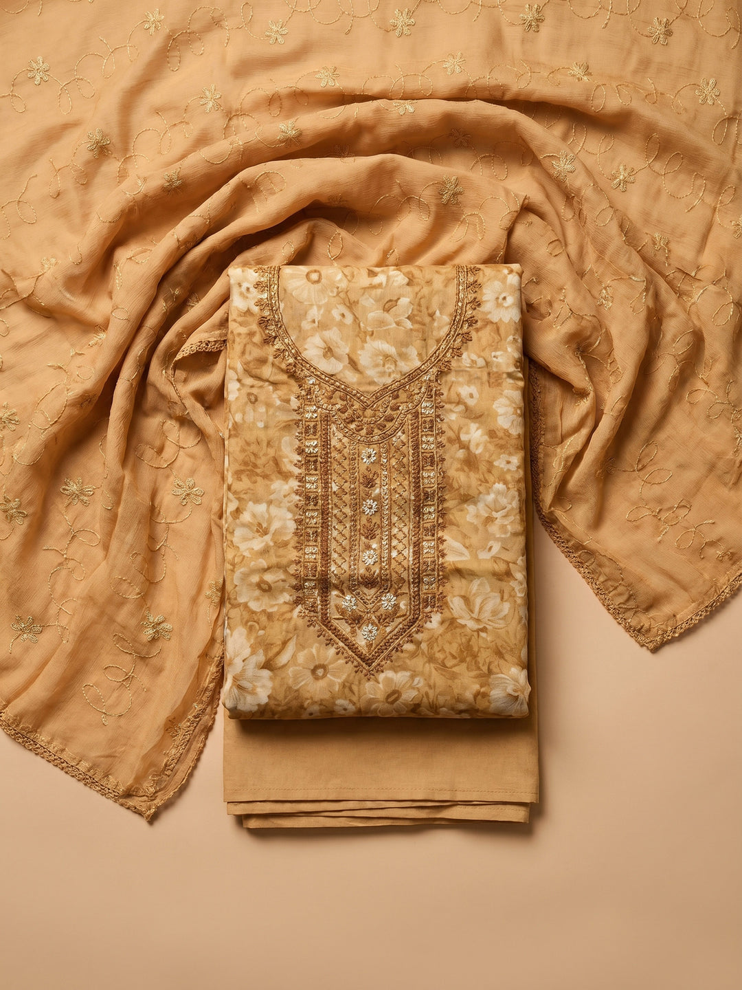 Rust Printed Cotton Blend Unstitched Suit With Pant &amp; Dupatta