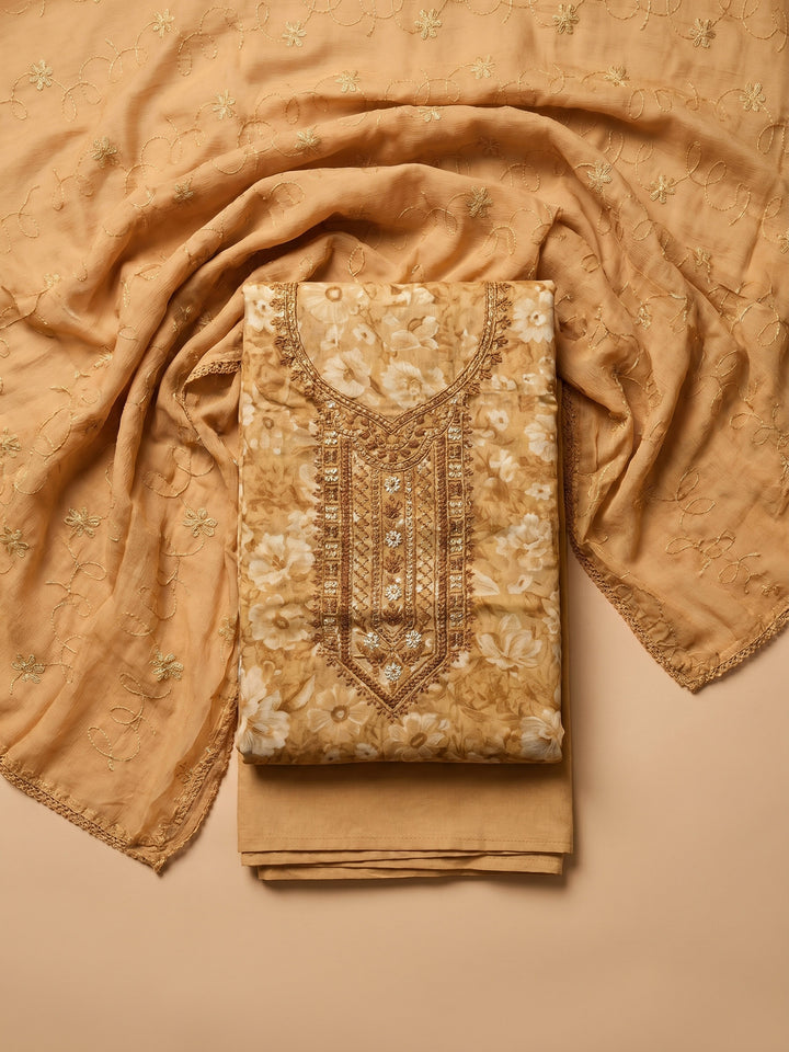 Rust Printed Cotton Blend Unstitched Suit With Pant &amp; Dupatta