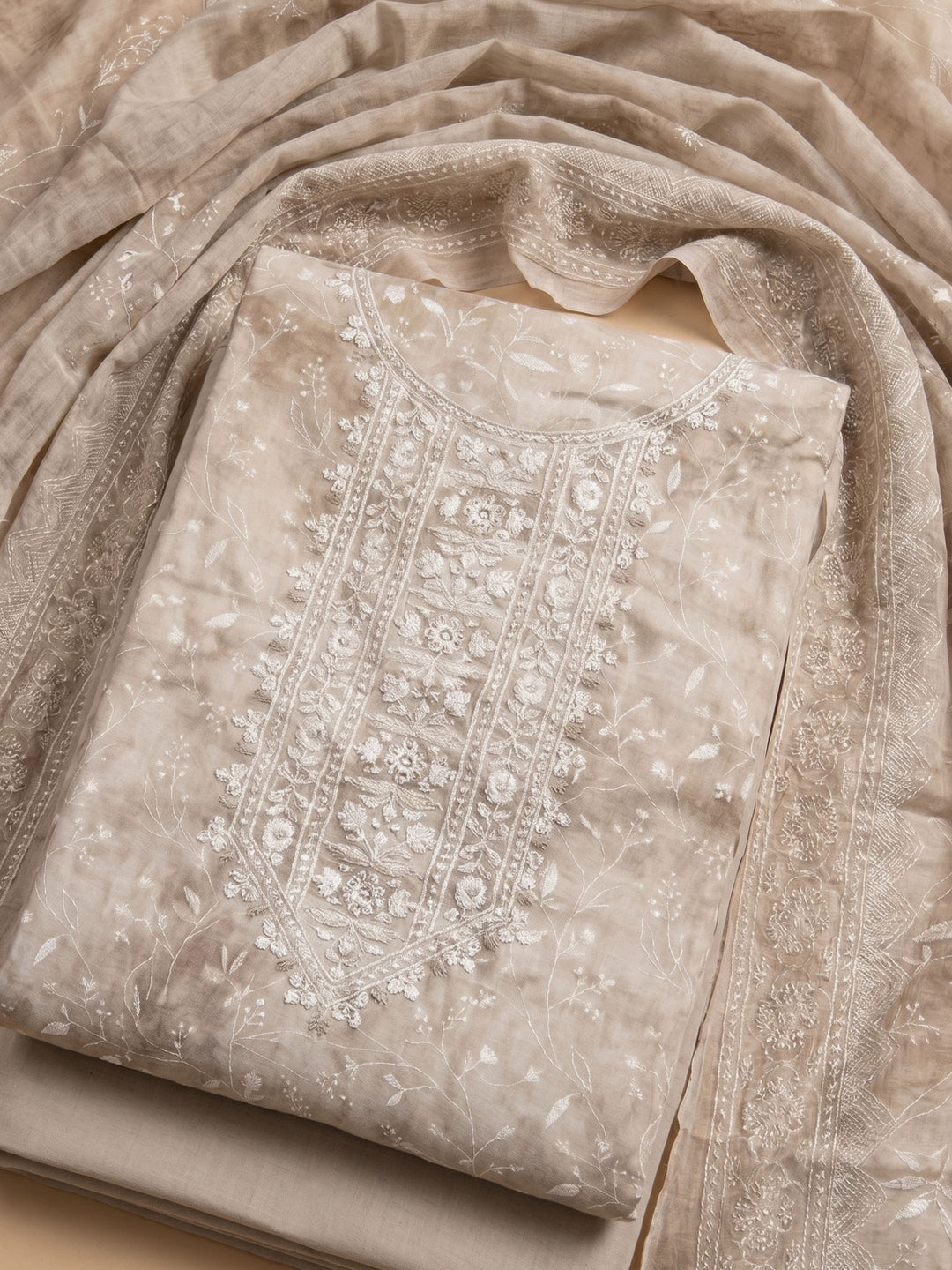 Chikoo Embroidered Cotton Blend Unstitched Suit With Pant &amp; Dupatta