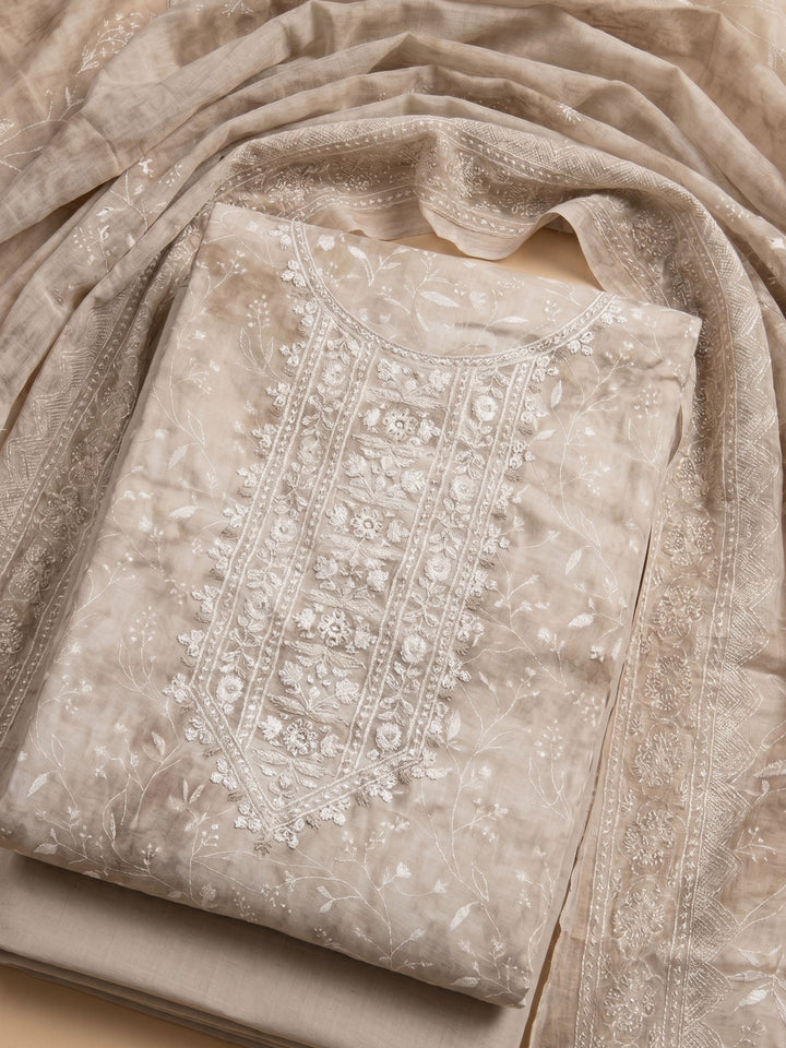 Chikoo Embroidered Cotton Blend Unstitched Suit With Pant &amp; Dupatta
