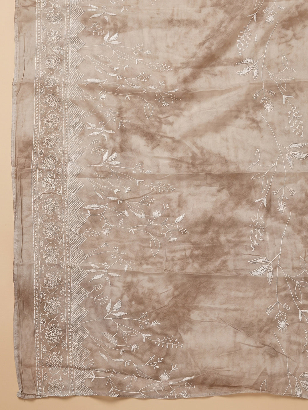 Chikoo Embroidered Cotton Blend Unstitched Suit With Pant &amp; Dupatta