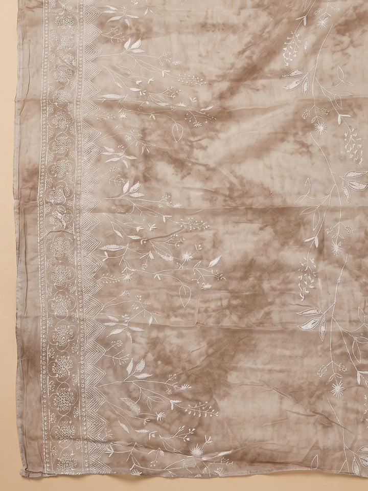 Chikoo Embroidered Cotton Blend Unstitched Suit With Pant &amp; Dupatta