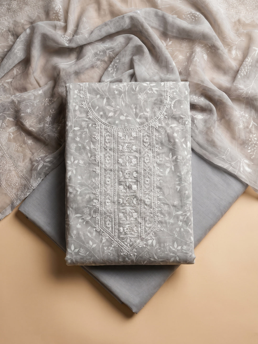 Grey Embroidered Cotton Blend Unstitched Suit With Pant &amp; Dupatta