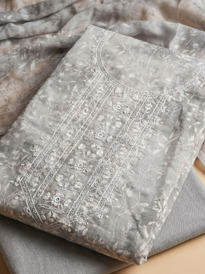 Grey Embroidered Cotton Blend Unstitched Suit With Pant &amp; Dupatta