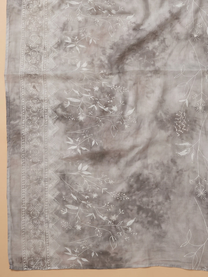 Grey Embroidered Cotton Blend Unstitched Suit With Pant &amp; Dupatta