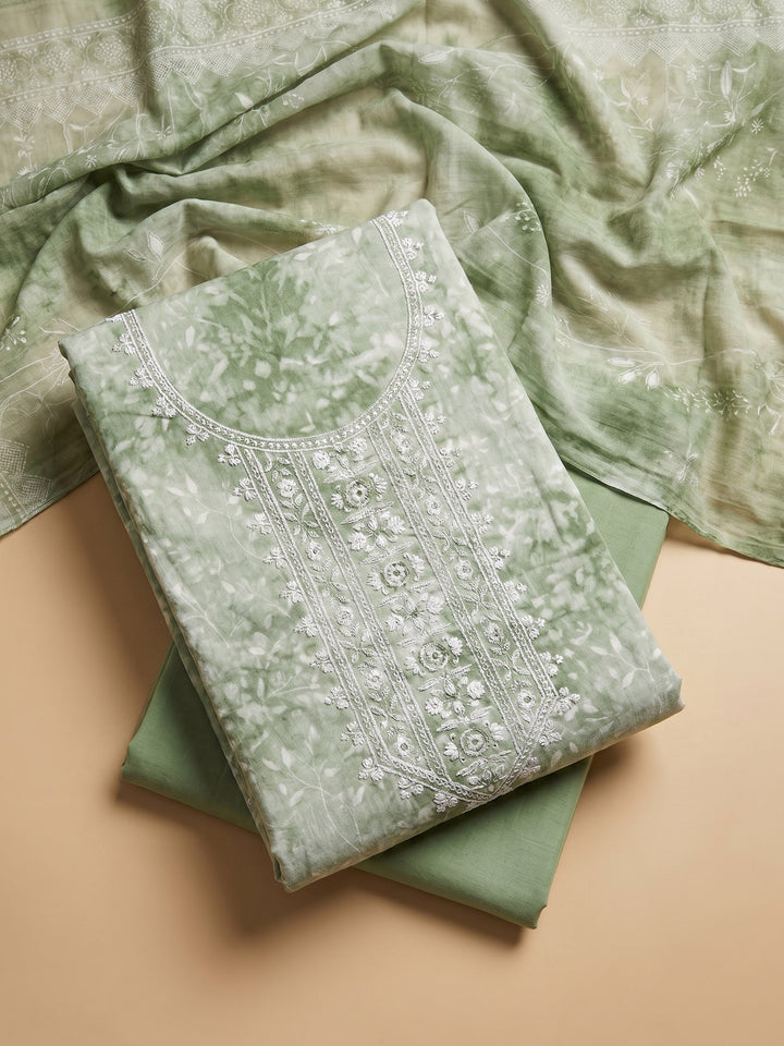 Pista Green Embroidered Cotton Blend Unstitched Suit With Pant &amp; Dupatta