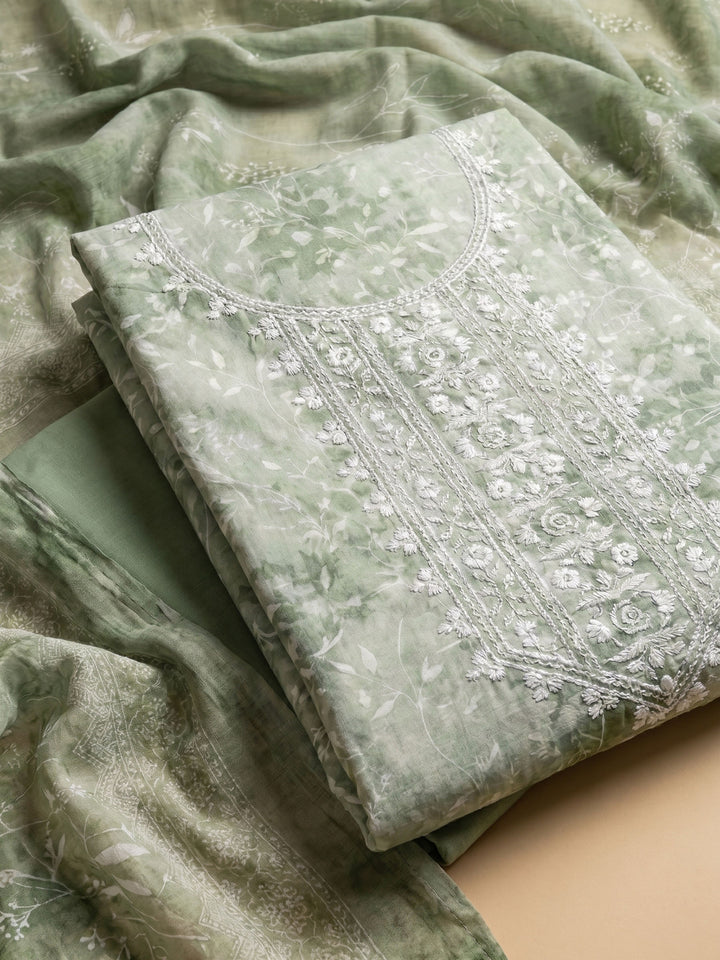Pista Green Embroidered Cotton Blend Unstitched Suit With Pant &amp; Dupatta