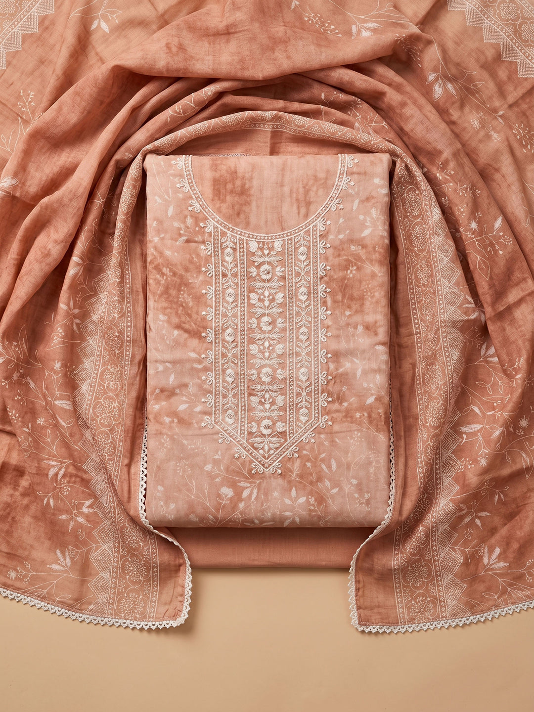 Rust Embroidered Cotton Blend Unstitched Suit With Pant &amp; Dupatta
