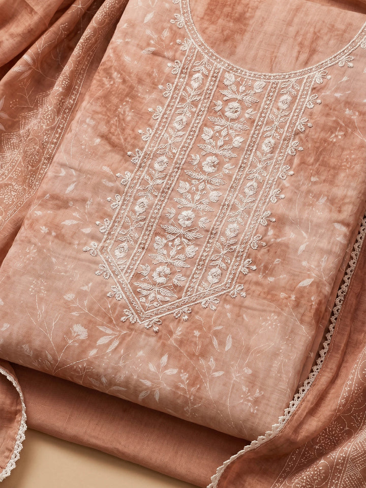 Rust Embroidered Cotton Blend Unstitched Suit With Pant &amp; Dupatta