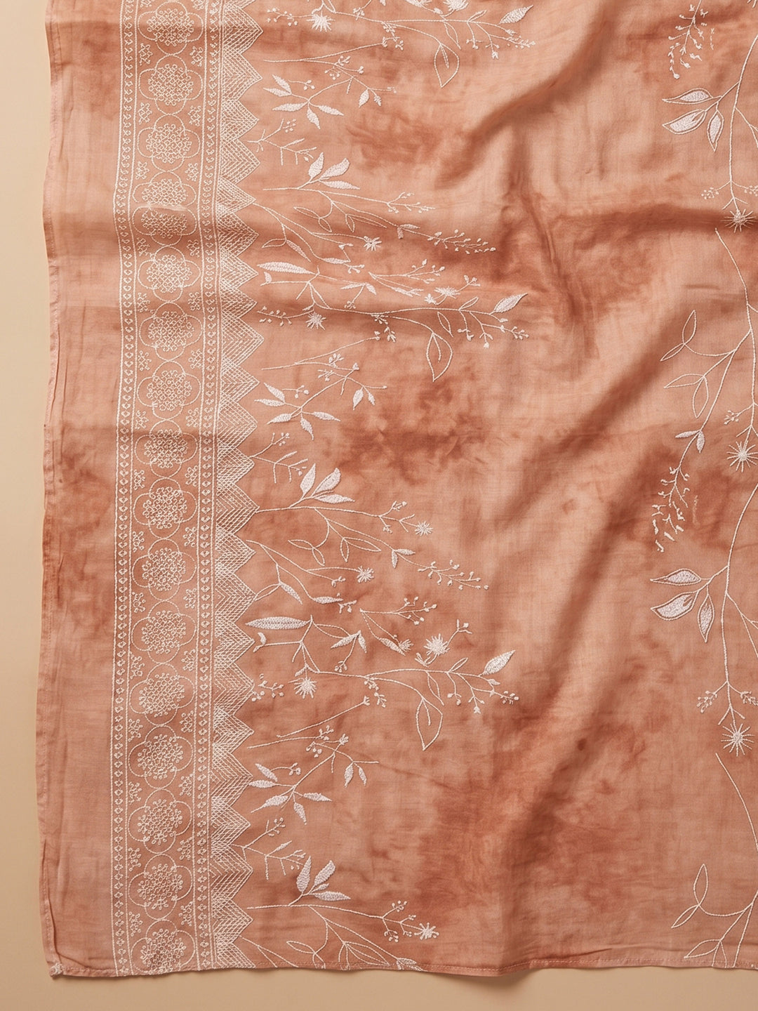 Rust Embroidered Cotton Blend Unstitched Suit With Pant &amp; Dupatta