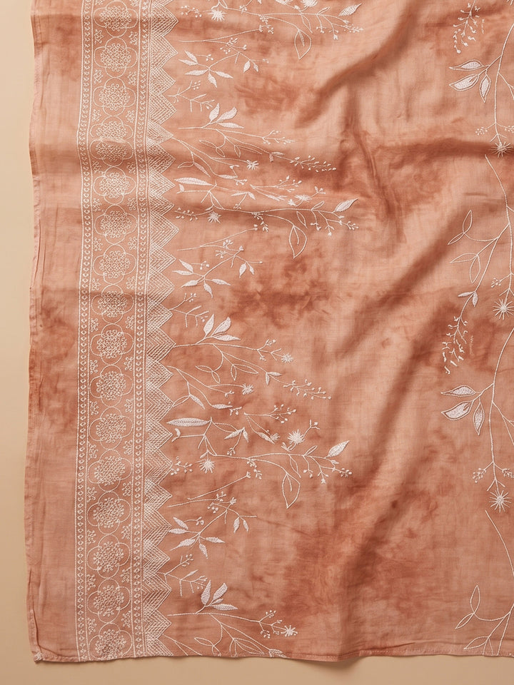Rust Embroidered Cotton Blend Unstitched Suit With Pant &amp; Dupatta
