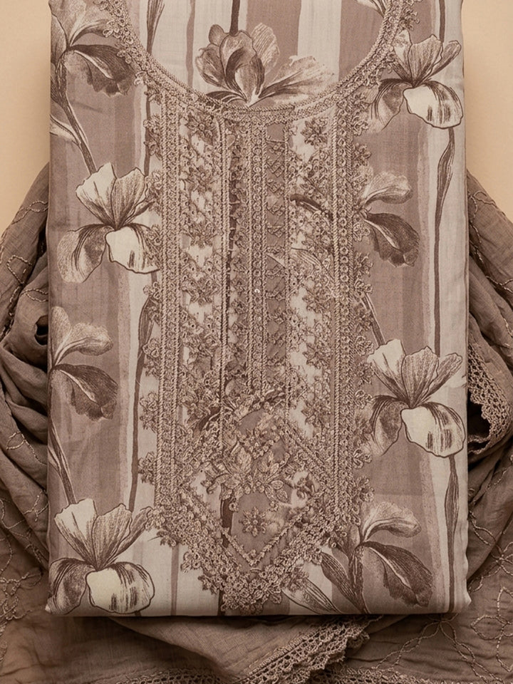 Brown Embroidered Cotton Blend Unstitched Suit &amp; Pant With Cotton Dupatta