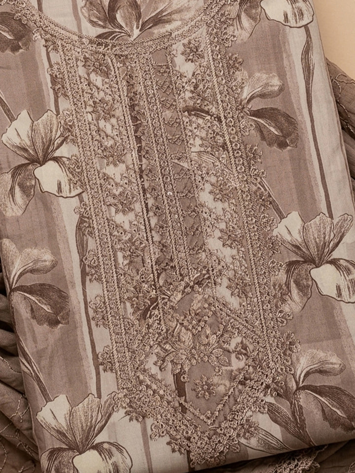 Brown Embroidered Cotton Blend Unstitched Suit &amp; Pant With Cotton Dupatta