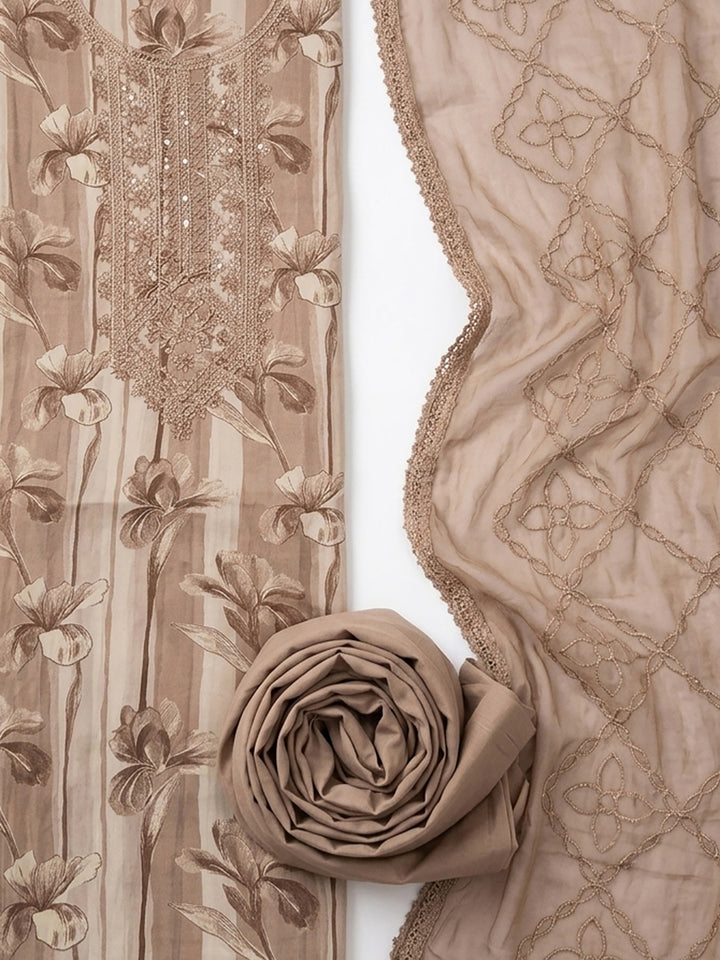 Brown Embroidered Cotton Blend Unstitched Suit &amp; Pant With Cotton Dupatta