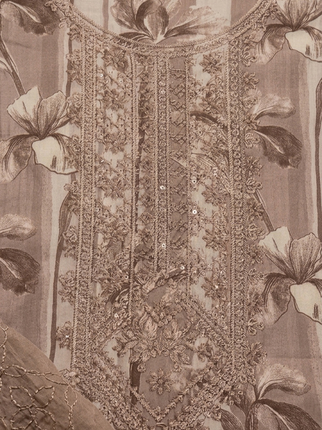 Brown Embroidered Cotton Blend Unstitched Suit &amp; Pant With Cotton Dupatta