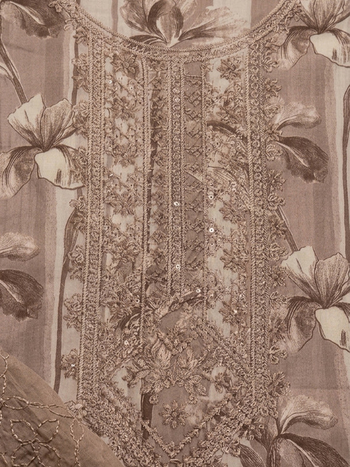 Brown Embroidered Cotton Blend Unstitched Suit &amp; Pant With Cotton Dupatta