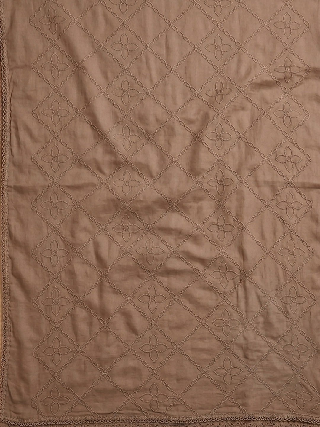 Brown Embroidered Cotton Blend Unstitched Suit &amp; Pant With Cotton Dupatta