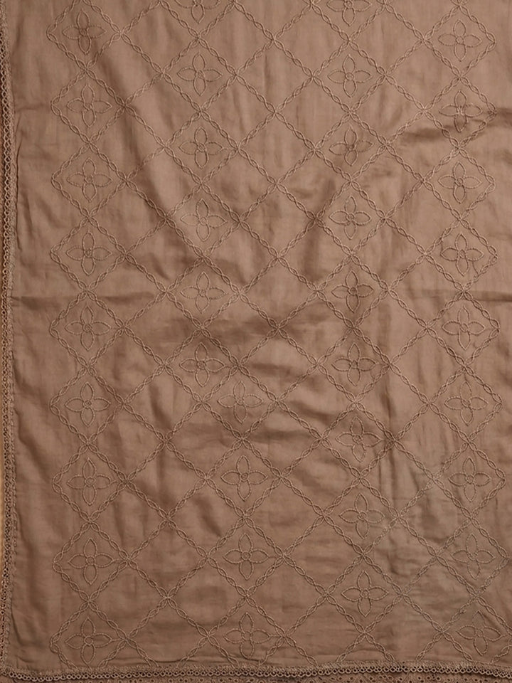 Brown Embroidered Cotton Blend Unstitched Suit &amp; Pant With Cotton Dupatta