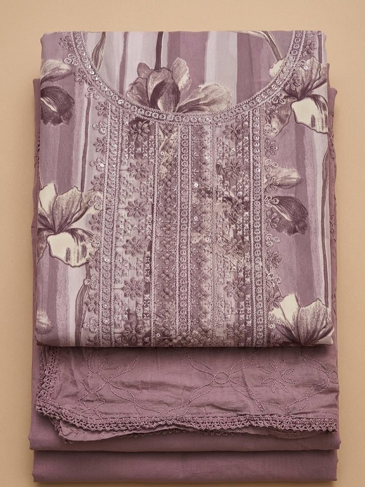 Lavender Embroidered Cotton Blend Unstitched Suit &amp; Pant With Cotton Dupatta