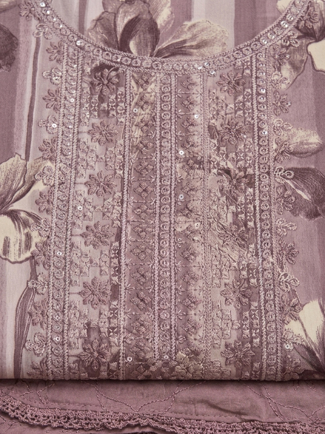 Lavender Embroidered Cotton Blend Unstitched Suit &amp; Pant With Cotton Dupatta