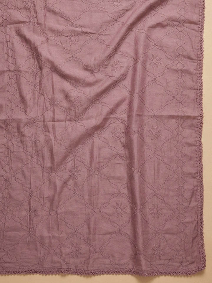 Lavender Embroidered Cotton Blend Unstitched Suit &amp; Pant With Cotton Dupatta