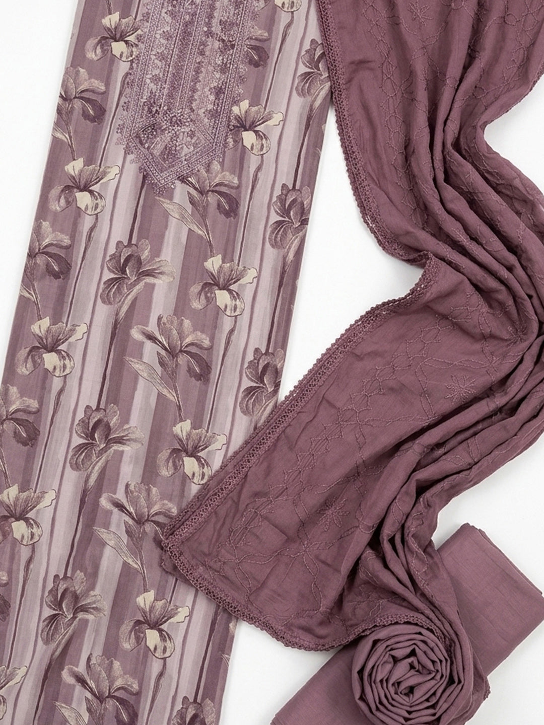 Lavender Embroidered Cotton Blend Unstitched Suit &amp; Pant With Cotton Dupatta