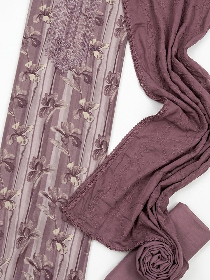 Lavender Embroidered Cotton Blend Unstitched Suit &amp; Pant With Cotton Dupatta