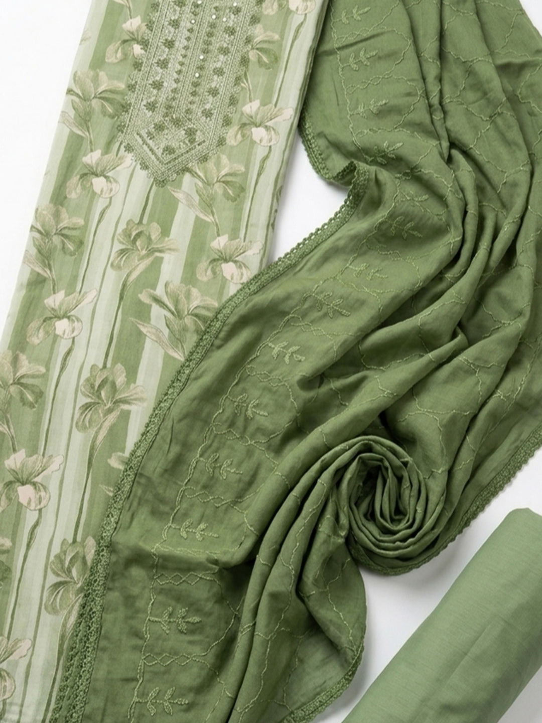 Mehndi Embroidered Cotton Blend Unstitched Suit &amp; Pant With Cotton Dupatta
