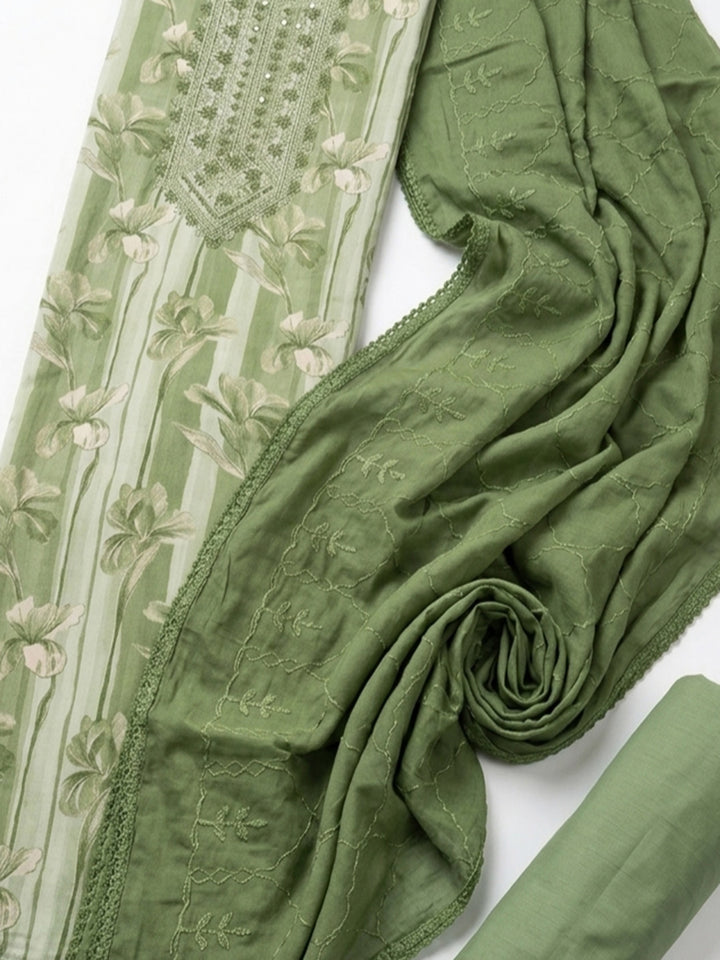 Mehndi Embroidered Cotton Blend Unstitched Suit &amp; Pant With Cotton Dupatta