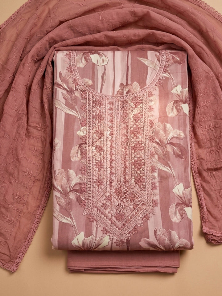 Onion Pink Embroidered Cotton Blend Unstitched Suit &amp; Pant With Cotton Dupatta