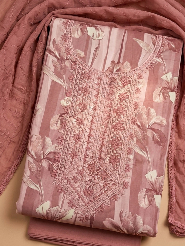Onion Pink Embroidered Cotton Blend Unstitched Suit &amp; Pant With Cotton Dupatta