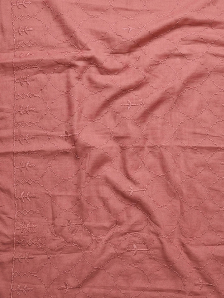 Onion Pink Embroidered Cotton Blend Unstitched Suit &amp; Pant With Cotton Dupatta