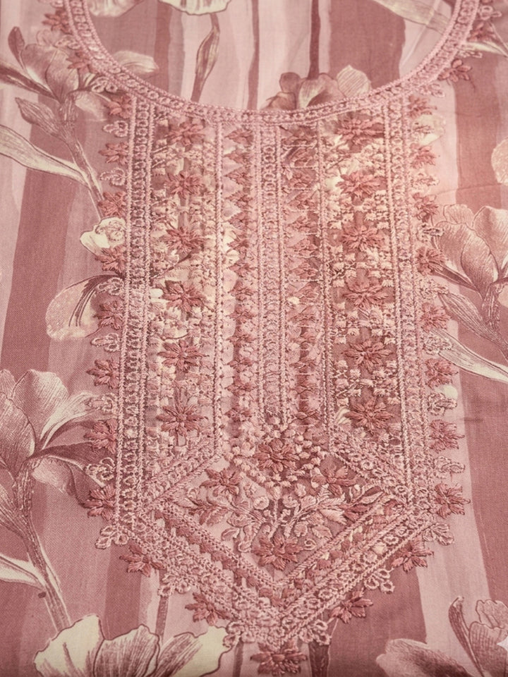 Onion Pink Embroidered Cotton Blend Unstitched Suit &amp; Pant With Cotton Dupatta