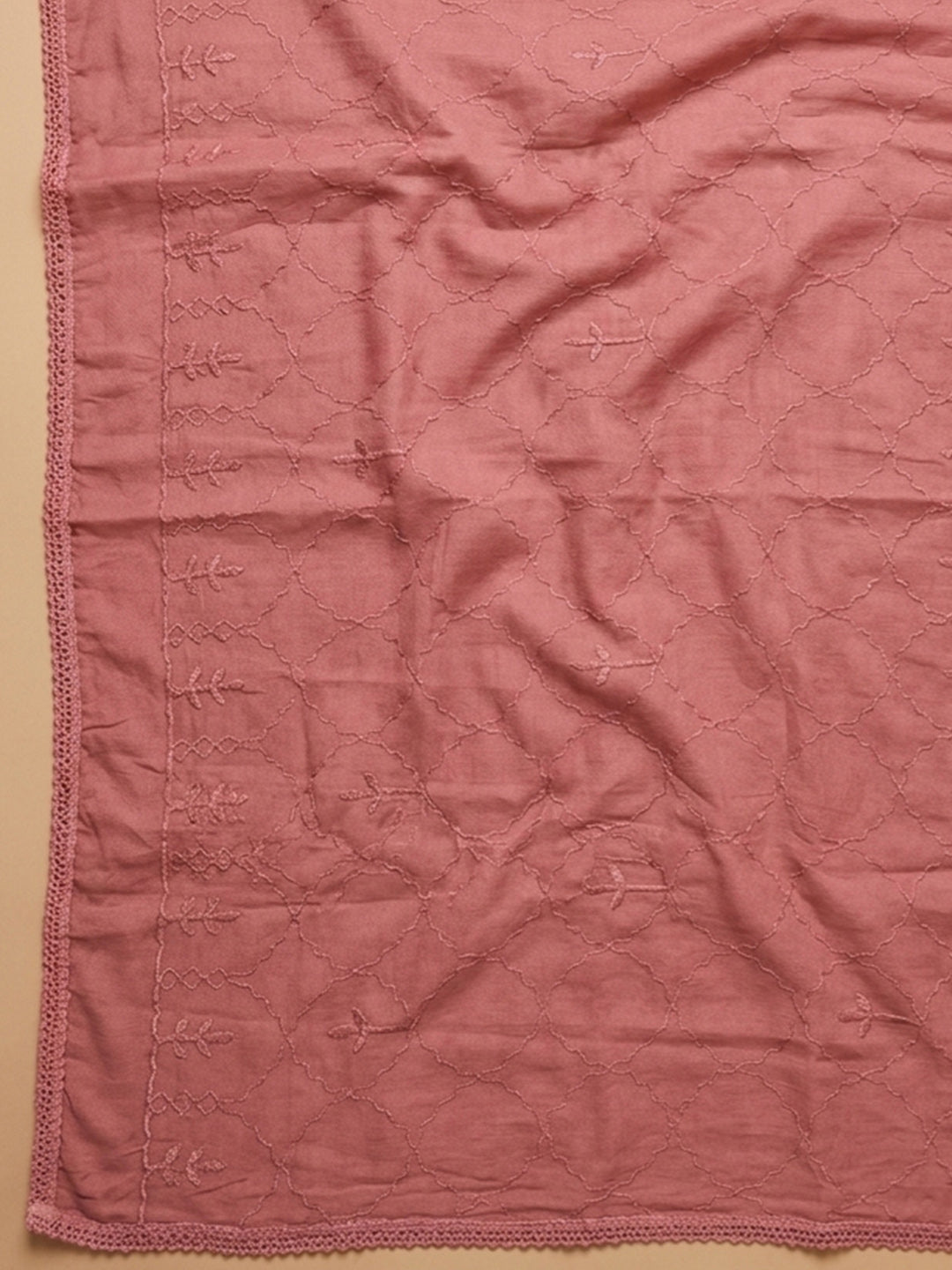 Onion Pink Embroidered Cotton Blend Unstitched Suit &amp; Pant With Cotton Dupatta